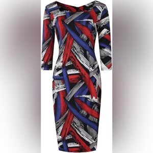 Graffiti Striped Abstract Print 3/4 Sleeve Bodycon Sheath Pencil Midi Dress